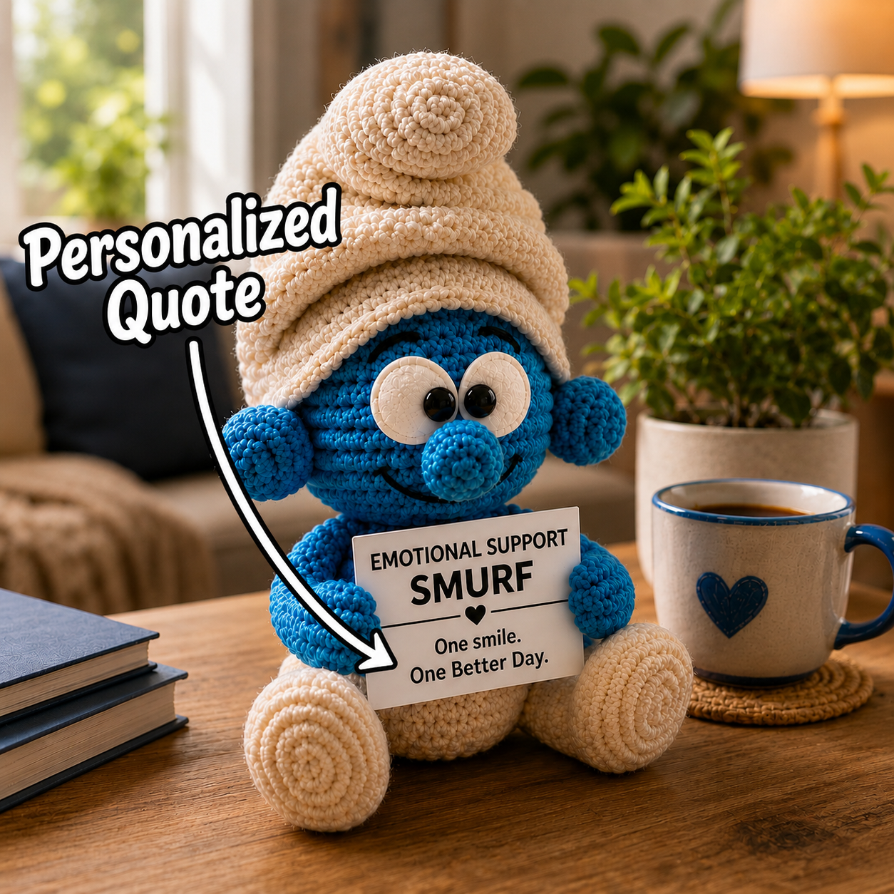 Emotional Support Smurf Inspired Crochet Doll – Handmade Amigurumi Plush with Personalized Quote, Cute Desk Decor & Gift for Cartoon Lovers