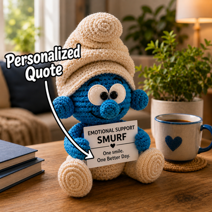 Emotional Support Smurf Inspired Crochet Doll – Handmade Amigurumi Plush with Personalized Quote, Cute Desk Decor & Gift for Cartoon Lovers