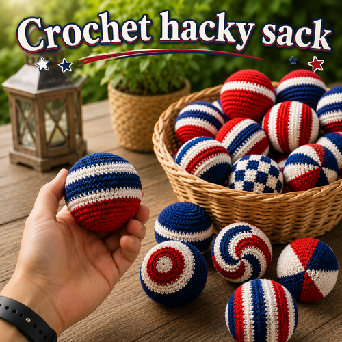 WoolyArtis™ | 4th of July Crochet Hacky Sack, Handmade Patriotic Footbag, Red White Blue Stress Ball, USA Inspired Fidget Toy, Independence Day Party Favor