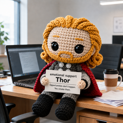 WoolyArtis™ | Thor Inspired Crochet Doll – Emotional Support Thor Plush – Handmade Crochet Hero Gift – Funny Desk Buddy – Amigurumi Collectible Decor