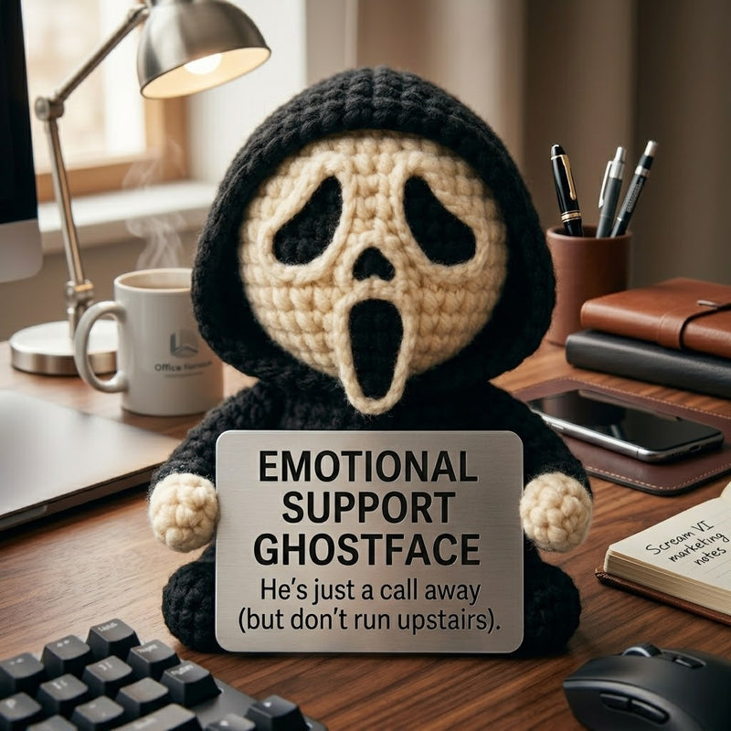 Handmade WoolyArtis Ghostface crochet doll, creepy-cute amigurumi desk decor with detailed facial features and soft yarn texture.