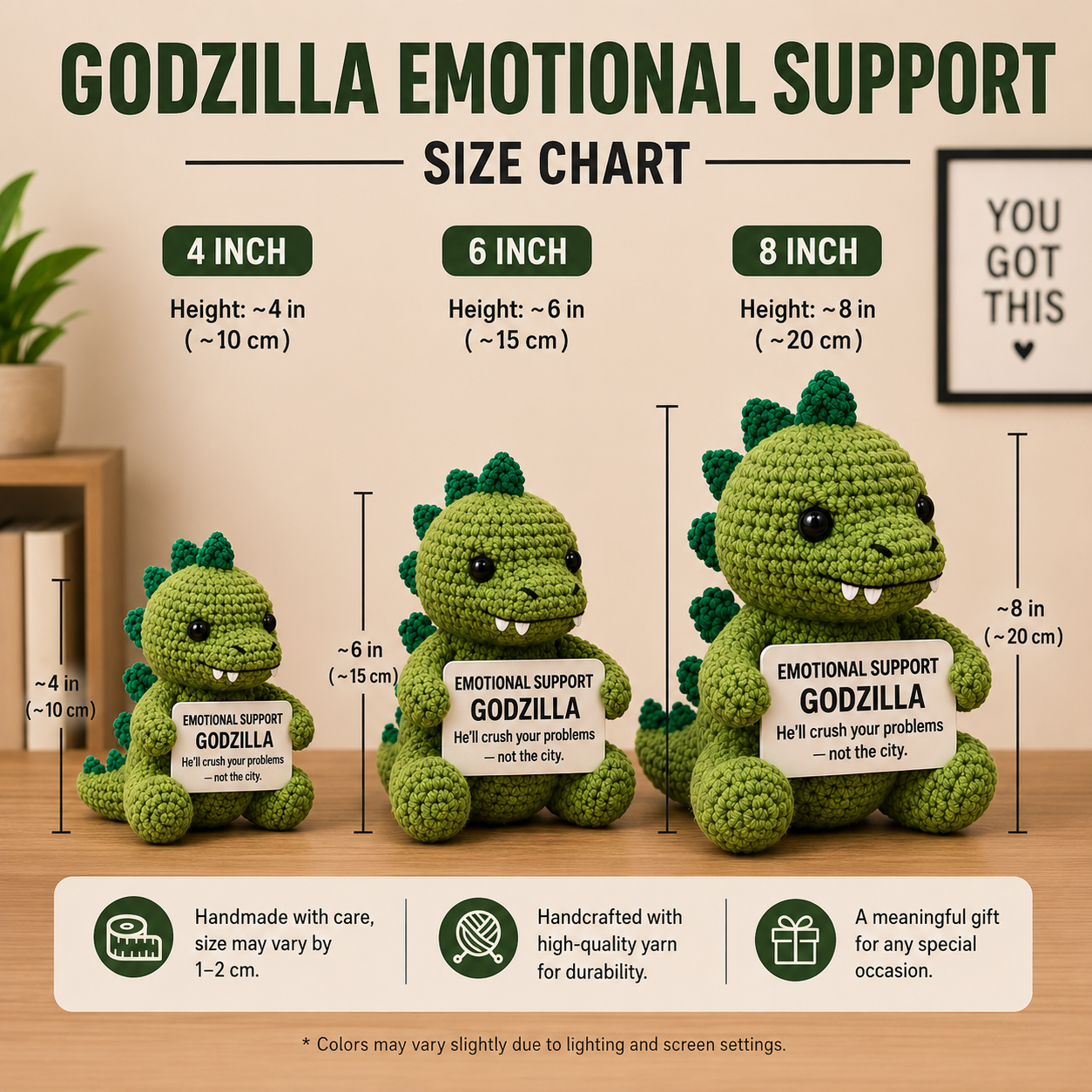 Handmade WoolyArtis WoolyArtis Emotional Support Godzilla crochet doll with custom quote, featuring detailed yarn texture and playful design.