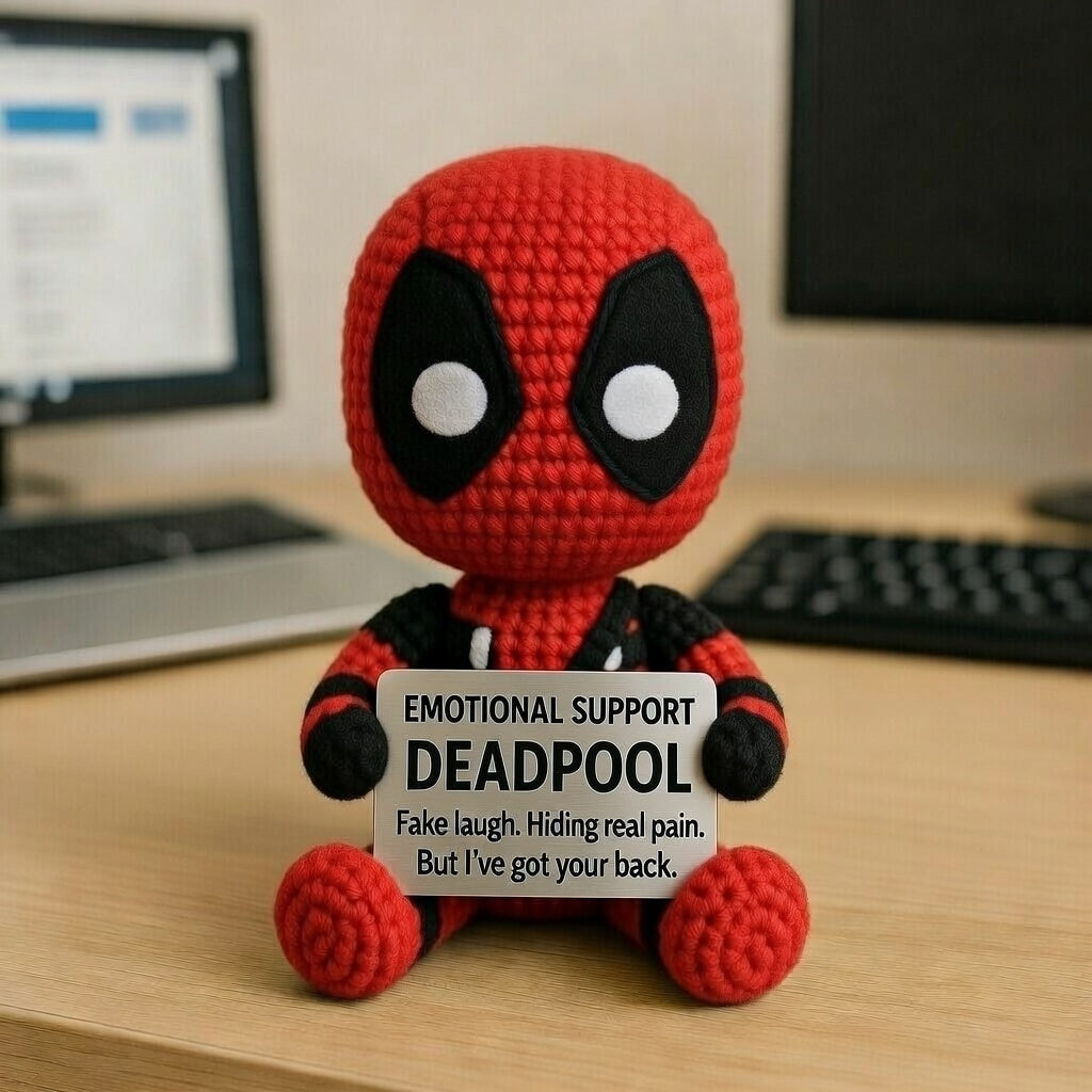 Handmade WoolyArtis Emotional Support Deadpool plush crochet doll, featuring Deadpool character with detailed red and black costume.