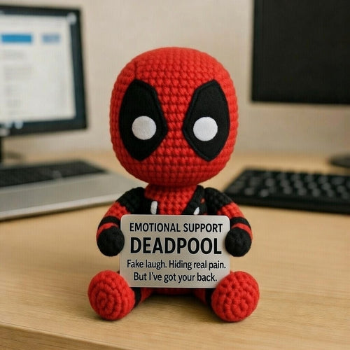 Handmade WoolyArtis Emotional Support Deadpool plush crochet doll, featuring Deadpool character with detailed red and black costume.