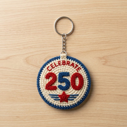 Red, white, and blue crochet star keychain celebrating 250th U.S. anniversary, patriotic 4th of July bag charm.