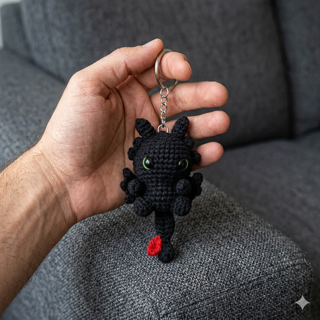 Handmade crochet black and white dragon couple keychains by WoolyArtis, fantasy animal bag charms for couples.