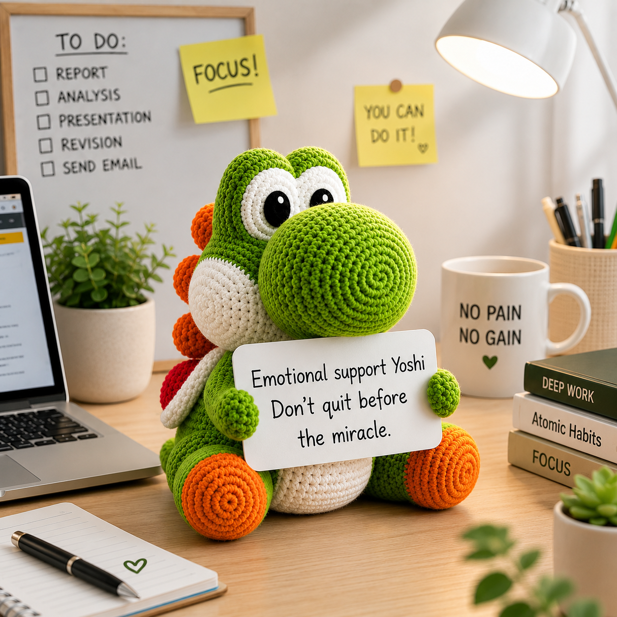 WoolyArtis™ | Crochet Green Dinosaur Plush | Handmade Emotional Support Dino | Cute Desk Buddy | Motivational Crochet Gift | Kawaii Amigurumi Stuffed Animal