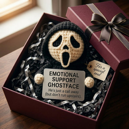 WoolyArtis handmade Ghostface crochet doll, creepy-cute amigurumi desk decor, emotional support ghost character gift.