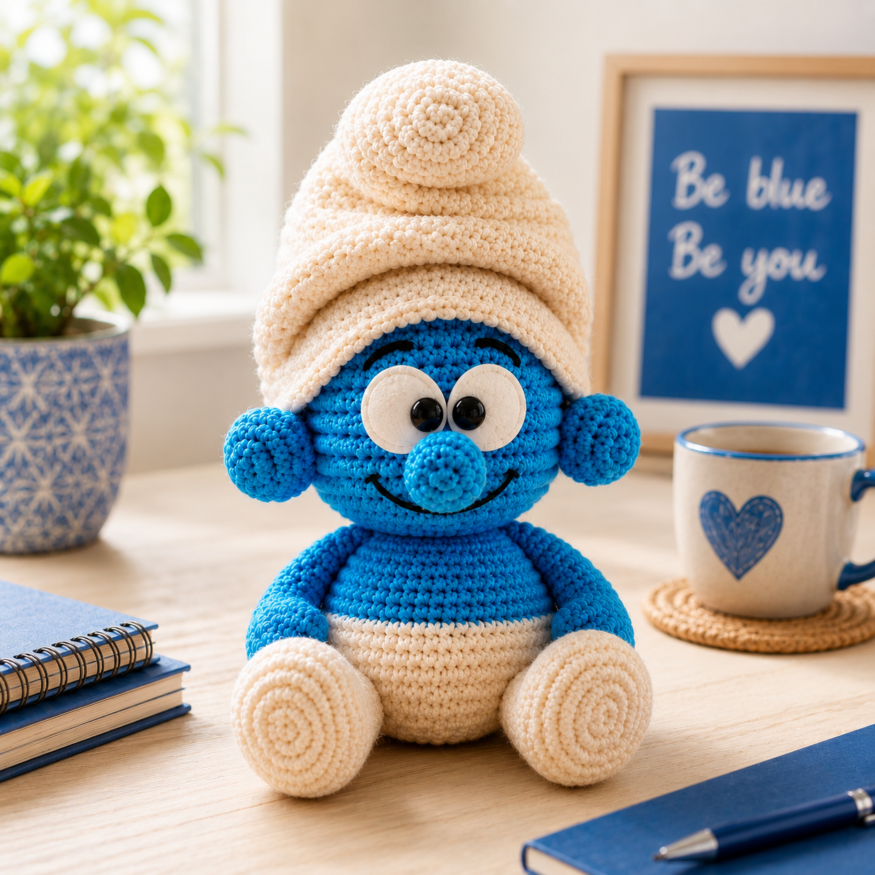 Emotional Support Smurf Inspired Crochet Doll – Handmade Amigurumi Plush with Personalized Quote, Cute Desk Decor & Gift for Cartoon Lovers