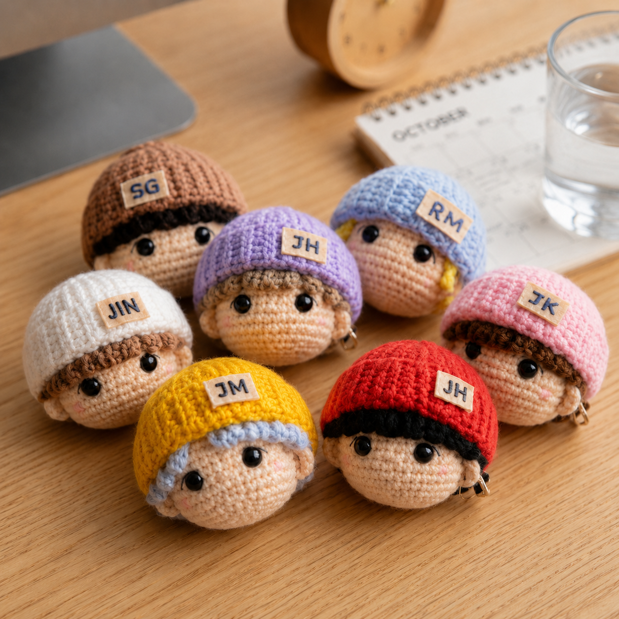 Handmade WoolyArtis K-Pop crochet doll keychain set with cute amigurumi mini plush charms, fan-made member accessories.