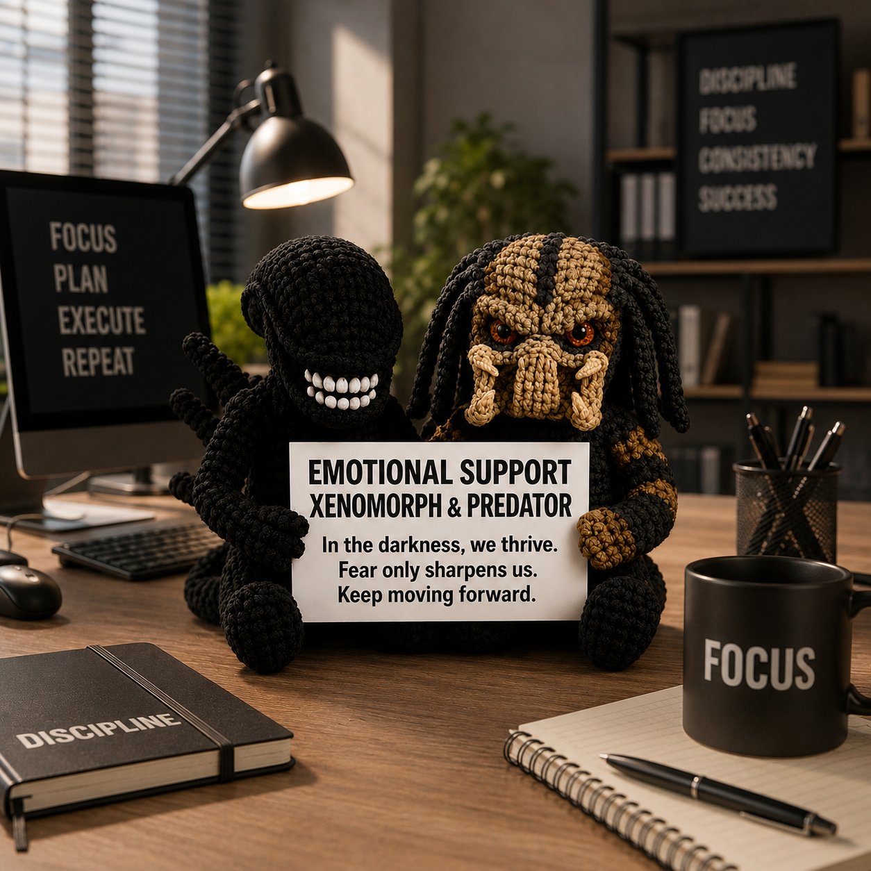 WoolyArtis™ | Emotional Support Monster Duo – XENOMORPH & PREDATOR – Handmade Crochet Alien & Hunter Plush Set with Personalized Quote