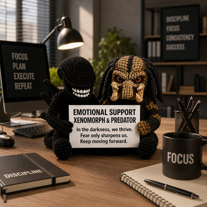 WoolyArtis™ | Emotional Support Monster Duo – XENOMORPH & PREDATOR – Handmade Crochet Alien & Hunter Plush Set with Personalized Quote