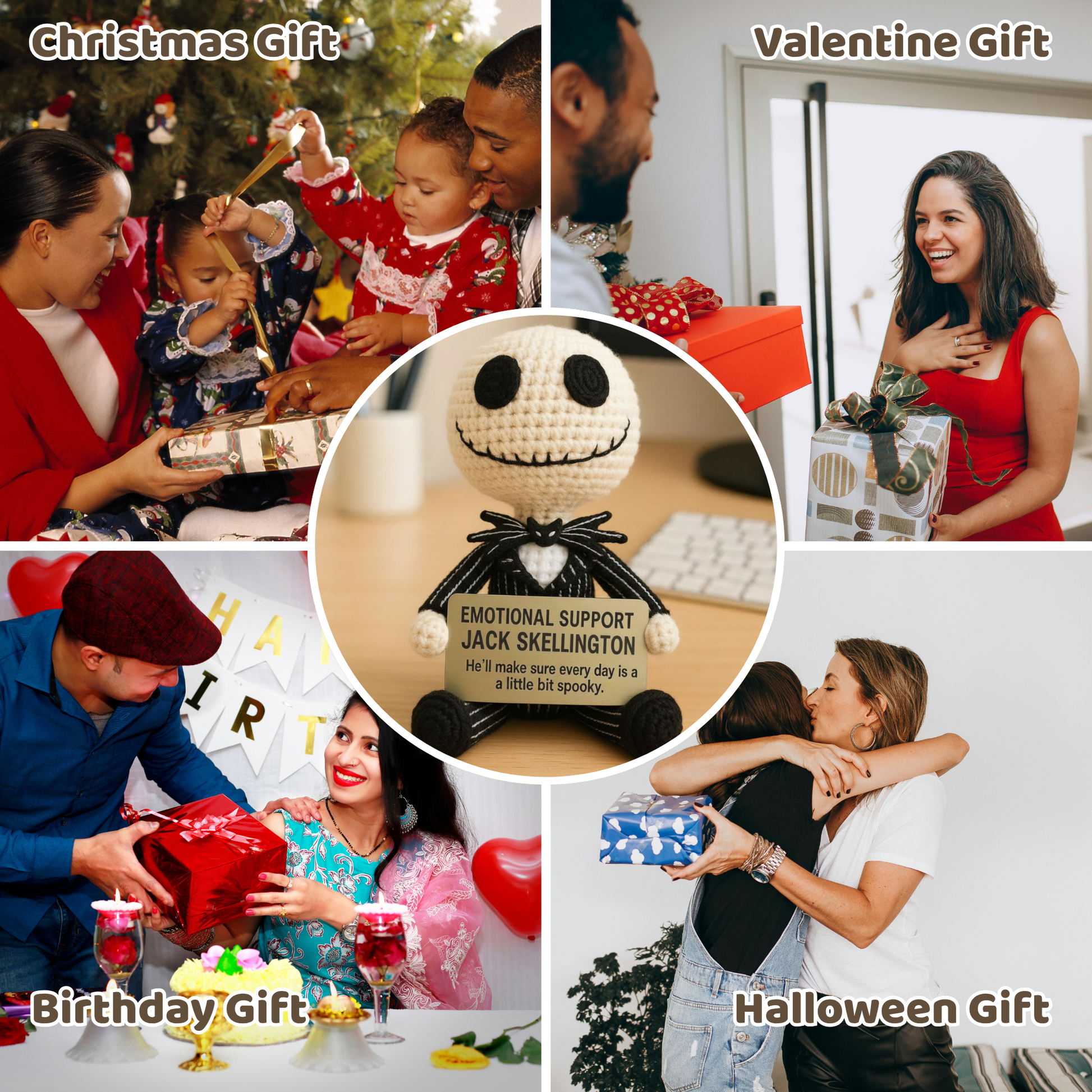Handmade WoolyArtis Jack Skellington crochet plush doll, a spooky emotional support toy with detailed stitching and soft yarn.