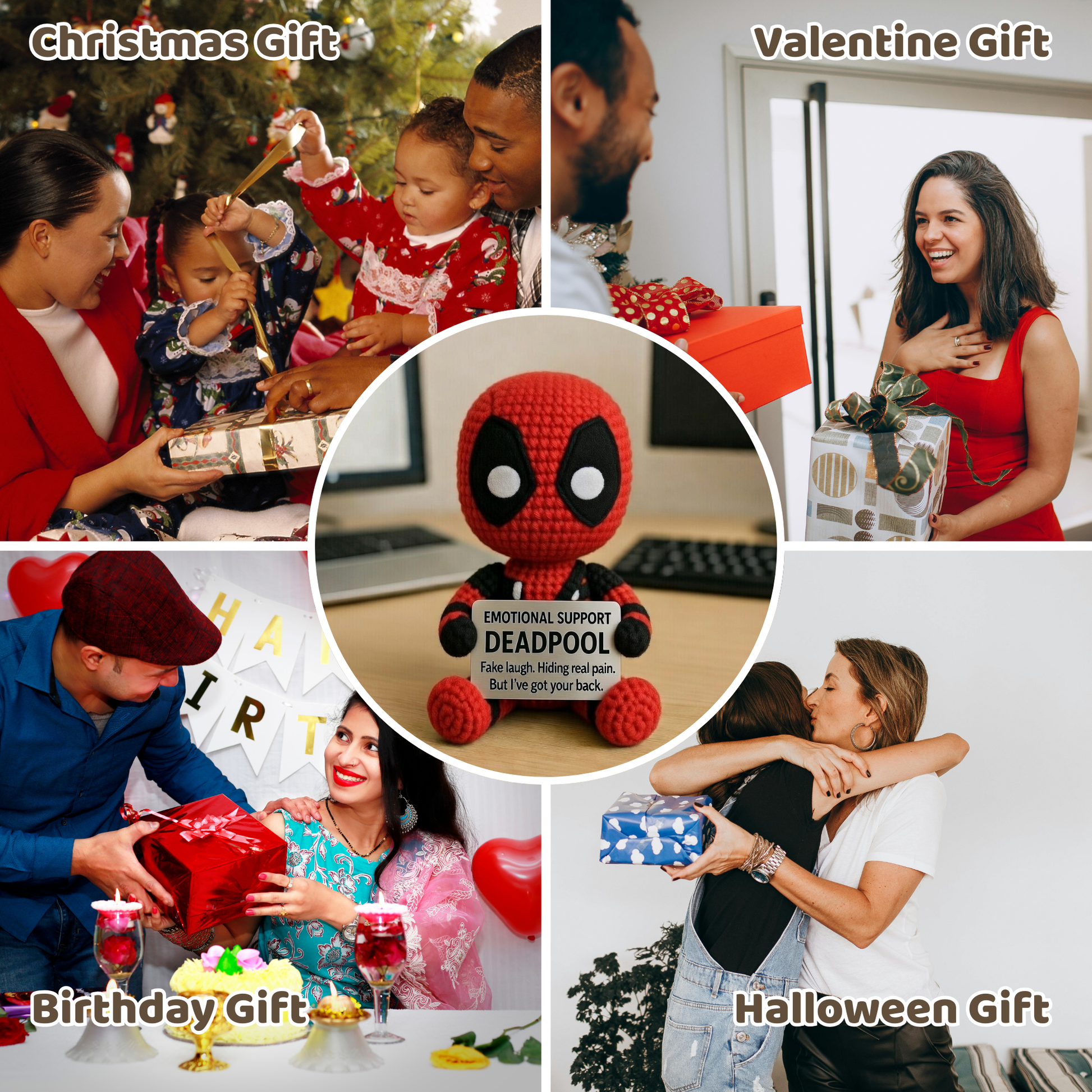 Handmade WoolyArtis Emotional Support Deadpool plush crochet doll, soft and cuddly collectible toy for fans