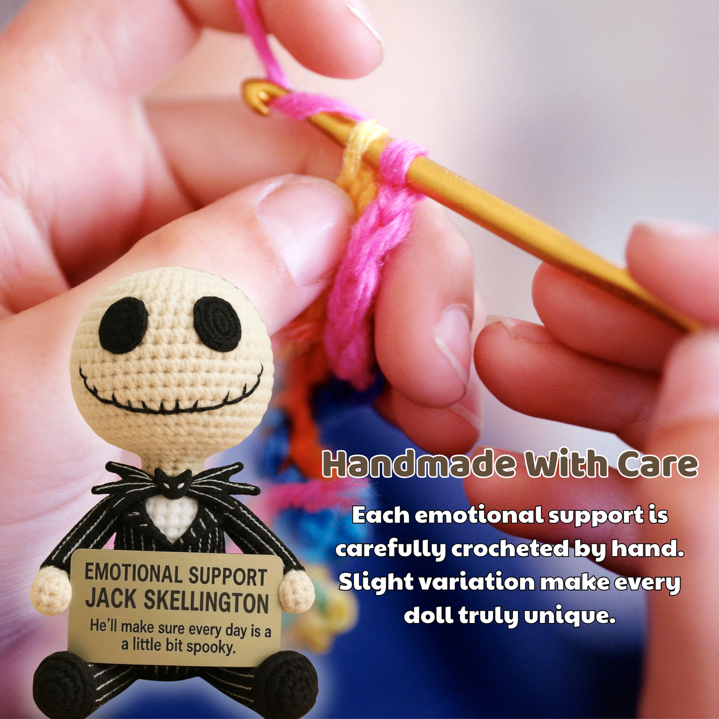 Handmade WoolyArtis Jack Skellington crochet doll, a spooky plush toy perfect for emotional support and Halloween decor.