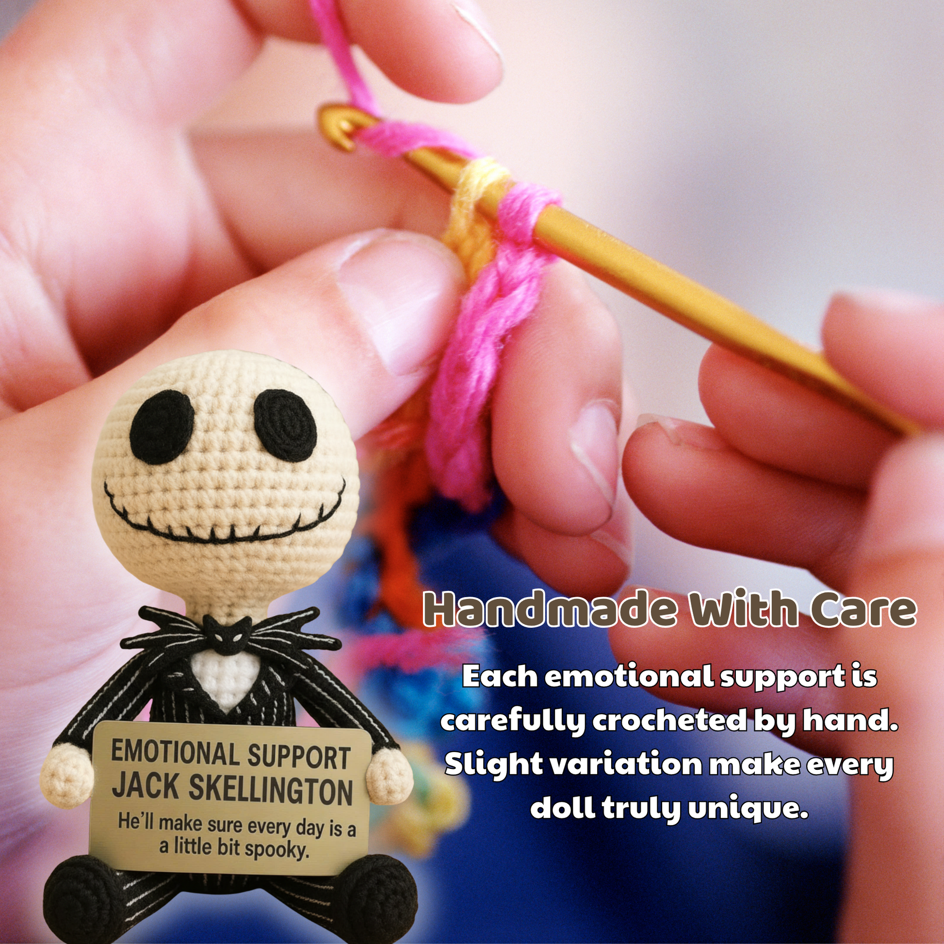Handmade WoolyArtis Jack Skellington crochet doll, a spooky plush toy perfect for emotional support and Halloween decor.