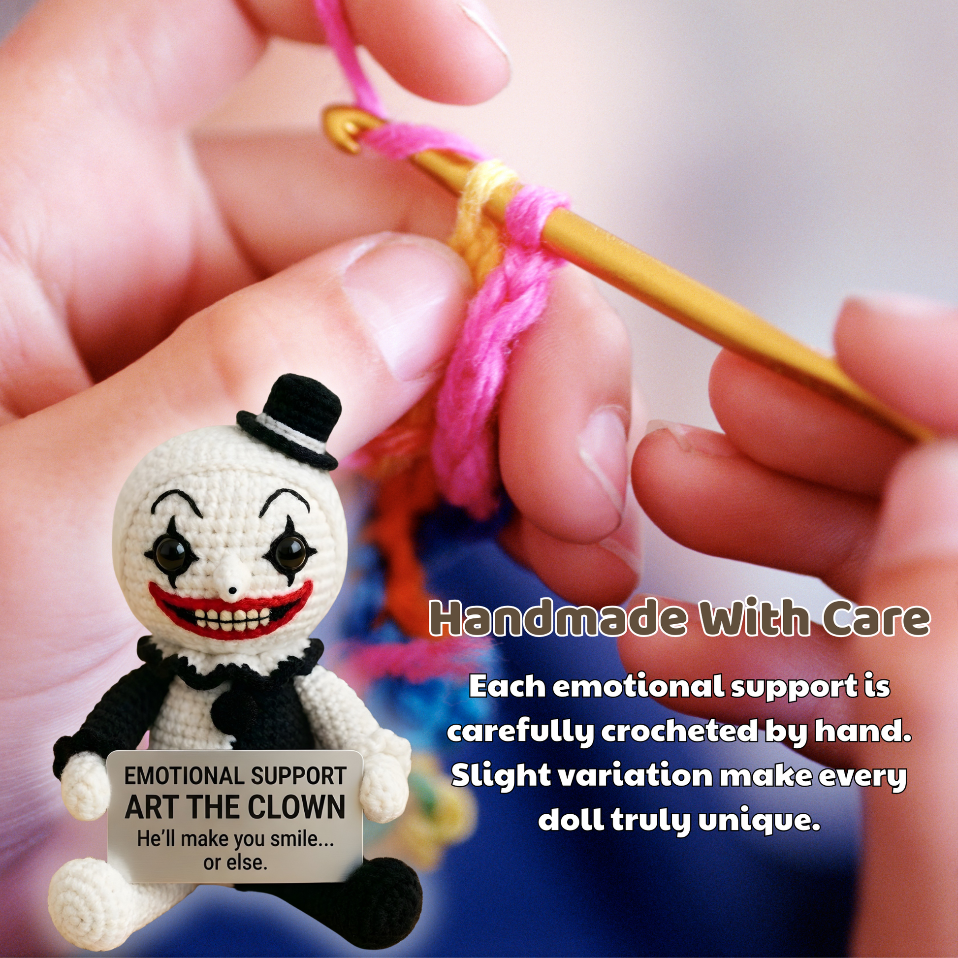 Handmade WoolyArtis™ emotional support clown crochet doll with colorful yarn and cheerful face, designed for comfort and companionship.