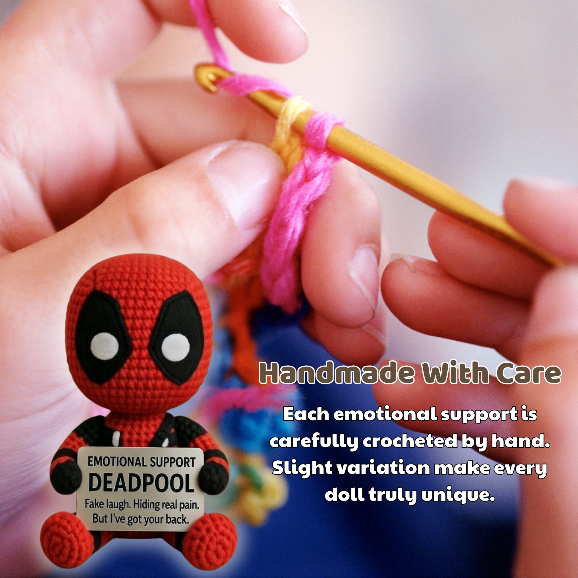 Handmade WoolyArtis Deadpool plush crochet doll, soft emotional support plush toy with detailed red and black costume.