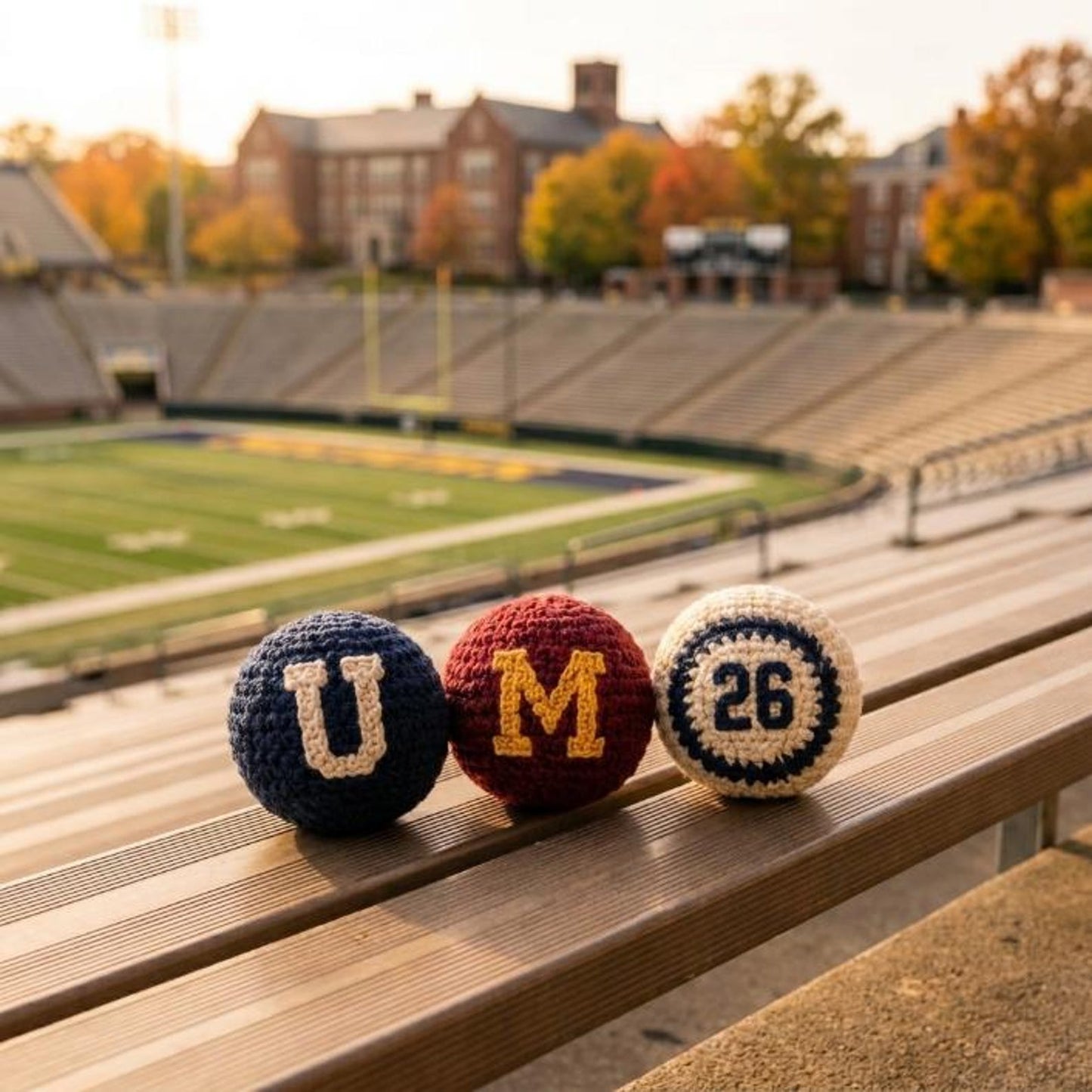 WoolyArtis™ | College Crochet Footbag Hacky Sack Set, Varsity Stress Ball, Dorm Room Gift for Students, Freshman Gift, Campus Game Day Toy
