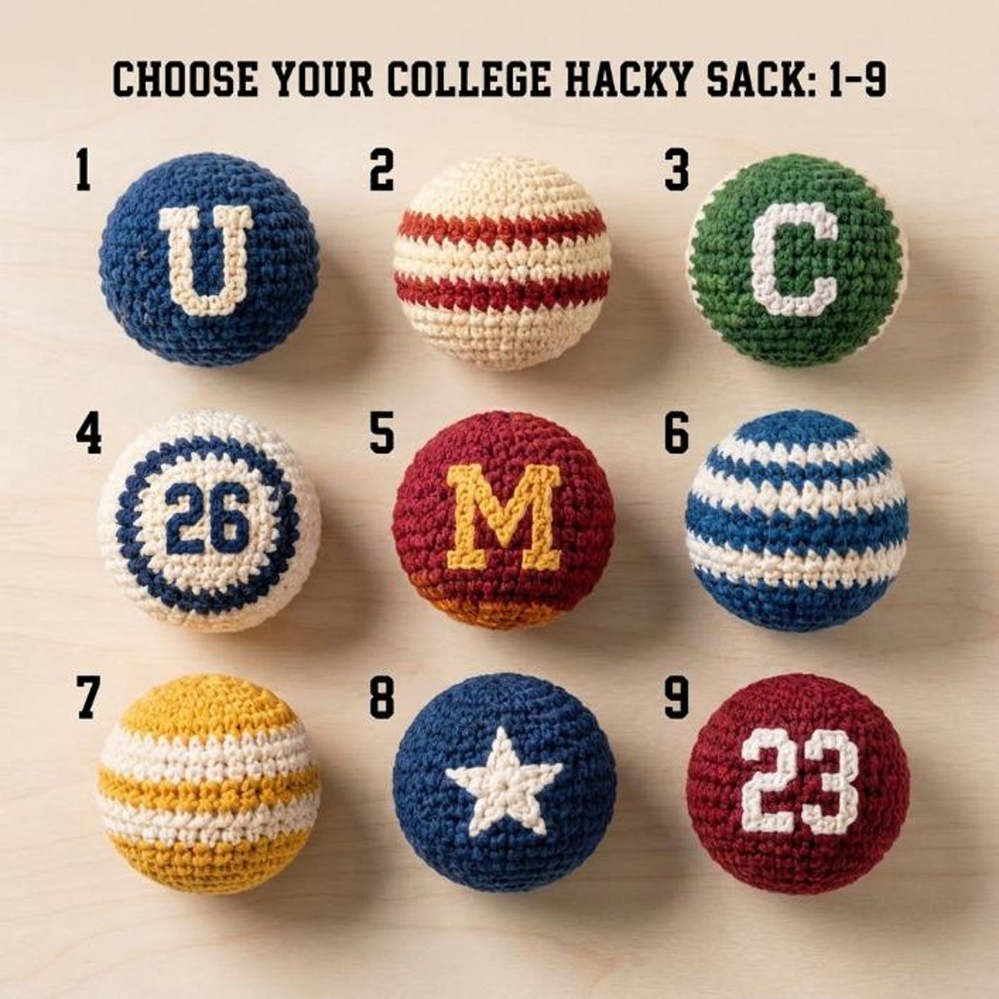 WoolyArtis™ | College Crochet Footbag Hacky Sack Set, Varsity Stress Ball, Dorm Room Gift for Students, Freshman Gift, Campus Game Day Toy