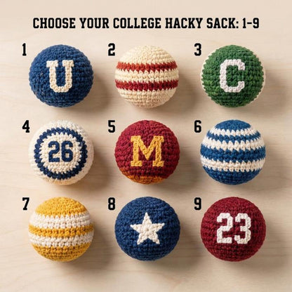 WoolyArtis™ | College Crochet Footbag Hacky Sack Set, Varsity Stress Ball, Dorm Room Gift for Students, Freshman Gift, Campus Game Day Toy