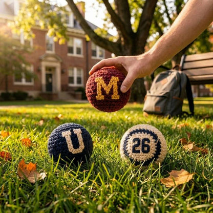 WoolyArtis™ | College Crochet Footbag Hacky Sack Set, Varsity Stress Ball, Dorm Room Gift for Students, Freshman Gift, Campus Game Day Toy