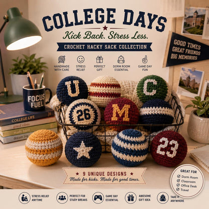 WoolyArtis™ | College Crochet Footbag Hacky Sack Set, Varsity Stress Ball, Dorm Room Gift for Students, Freshman Gift, Campus Game Day Toy