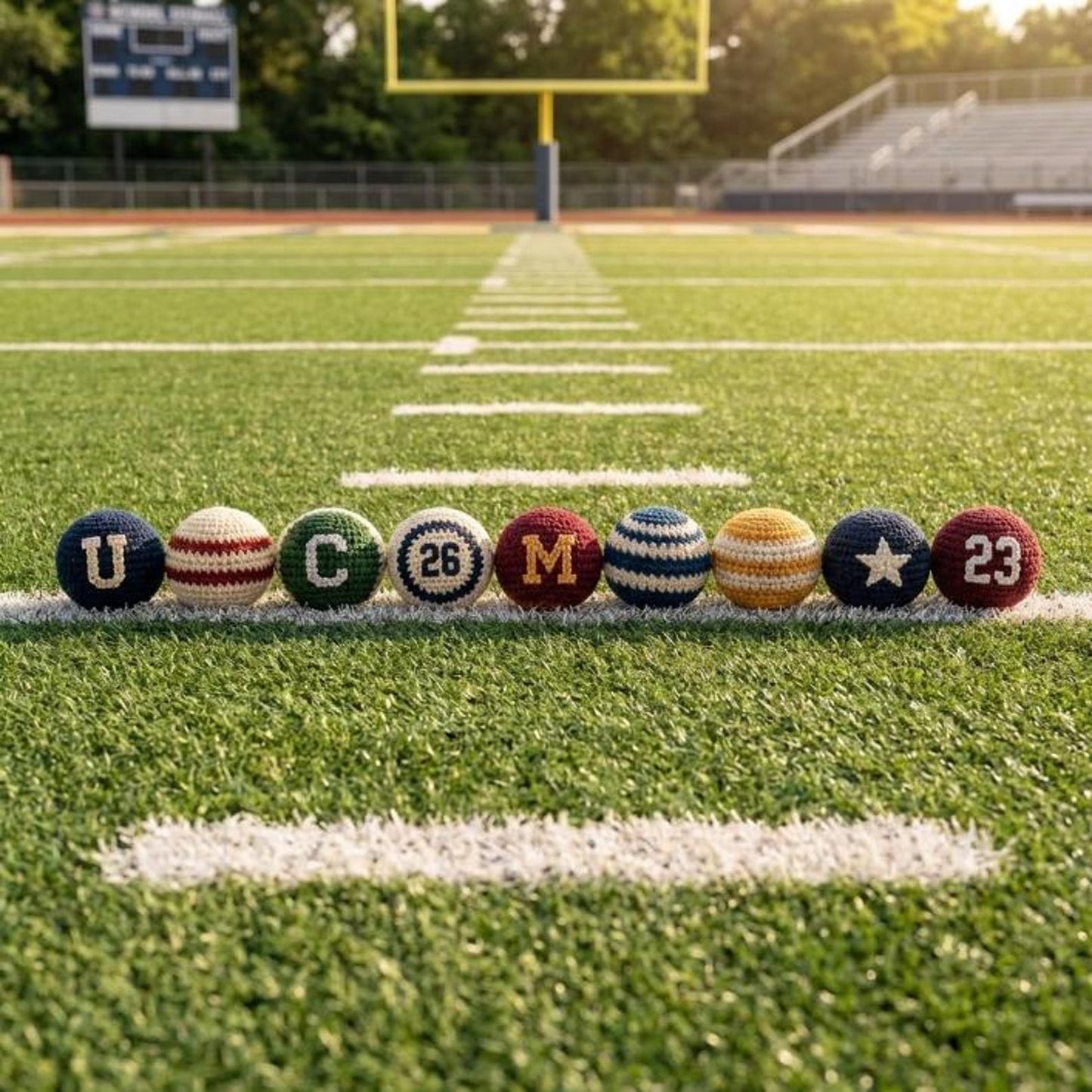 WoolyArtis™ | College Crochet Footbag Hacky Sack Set, Varsity Stress Ball, Dorm Room Gift for Students, Freshman Gift, Campus Game Day Toy
