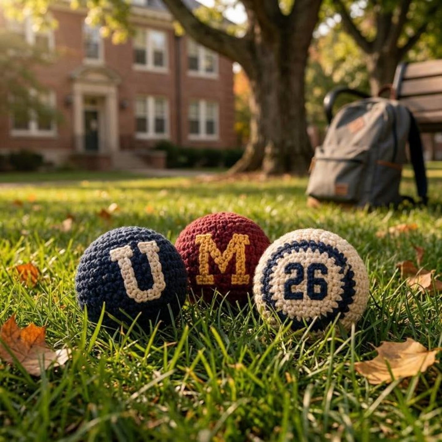 WoolyArtis™ | College Crochet Footbag Hacky Sack Set, Varsity Stress Ball, Dorm Room Gift for Students, Freshman Gift, Campus Game Day Toy