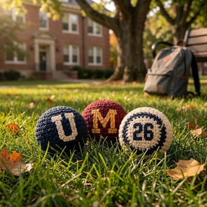 WoolyArtis™ | College Crochet Footbag Hacky Sack Set, Varsity Stress Ball, Dorm Room Gift for Students, Freshman Gift, Campus Game Day Toy