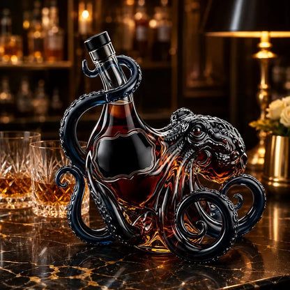 WoolyArtis™ | Octopus Glass Decanter, Amber Nautical Whiskey Bottle, Gothic Bar Cart Decor