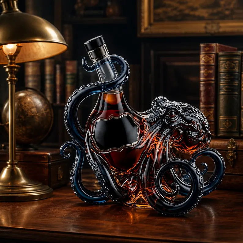 WoolyArtis™ | Octopus Glass Decanter, Amber Nautical Whiskey Bottle, Gothic Bar Cart Decor