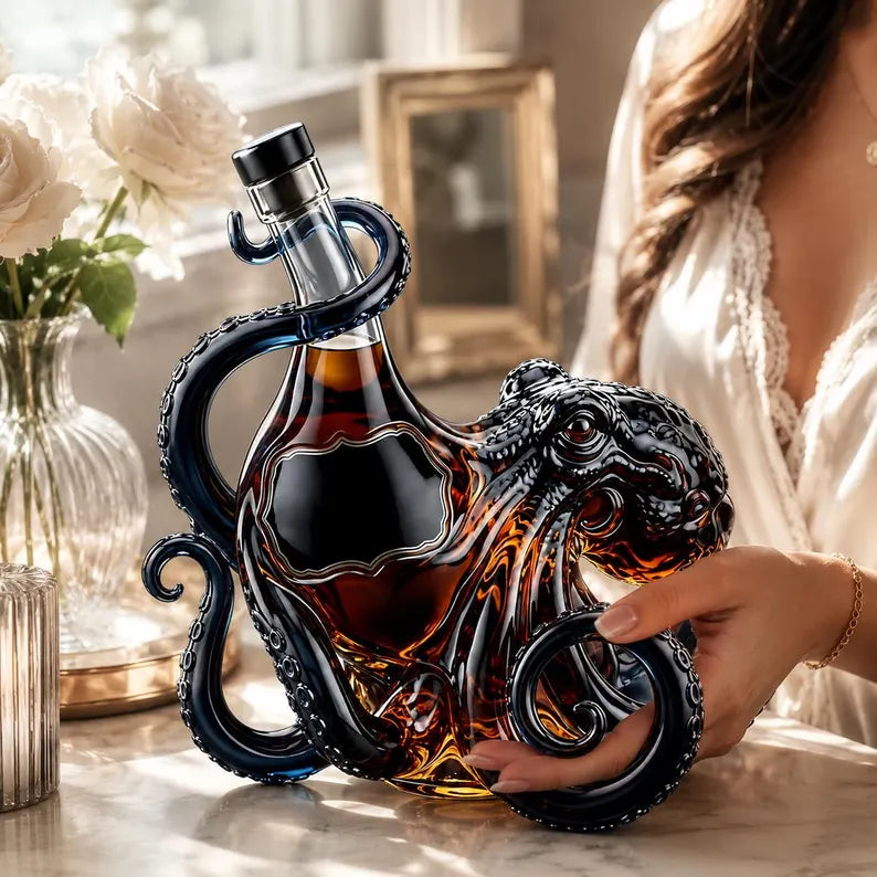 WoolyArtis™ | Octopus Glass Decanter, Amber Nautical Whiskey Bottle, Gothic Bar Cart Decor