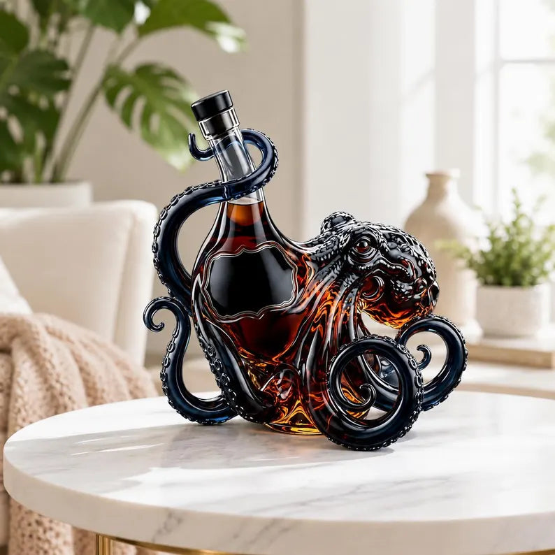 WoolyArtis™ | Octopus Glass Decanter, Amber Nautical Whiskey Bottle, Gothic Bar Cart Decor