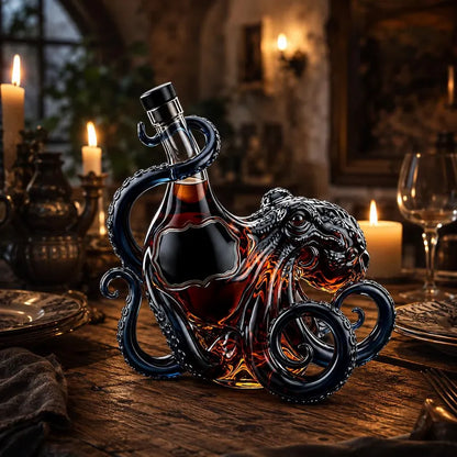 WoolyArtis™ | Octopus Glass Decanter, Amber Nautical Whiskey Bottle, Gothic Bar Cart Decor