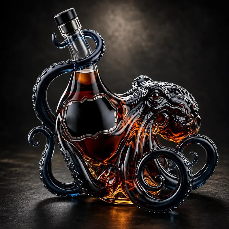 WoolyArtis™ | Octopus Glass Decanter, Amber Nautical Whiskey Bottle, Gothic Bar Cart Decor