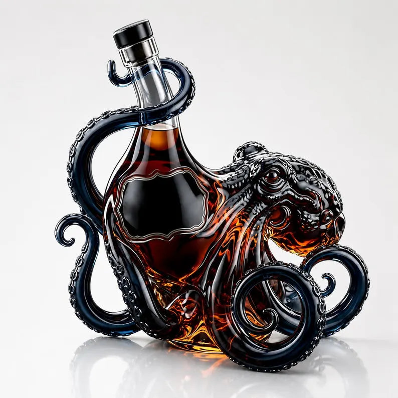 WoolyArtis™ | Octopus Glass Decanter, Amber Nautical Whiskey Bottle, Gothic Bar Cart Decor