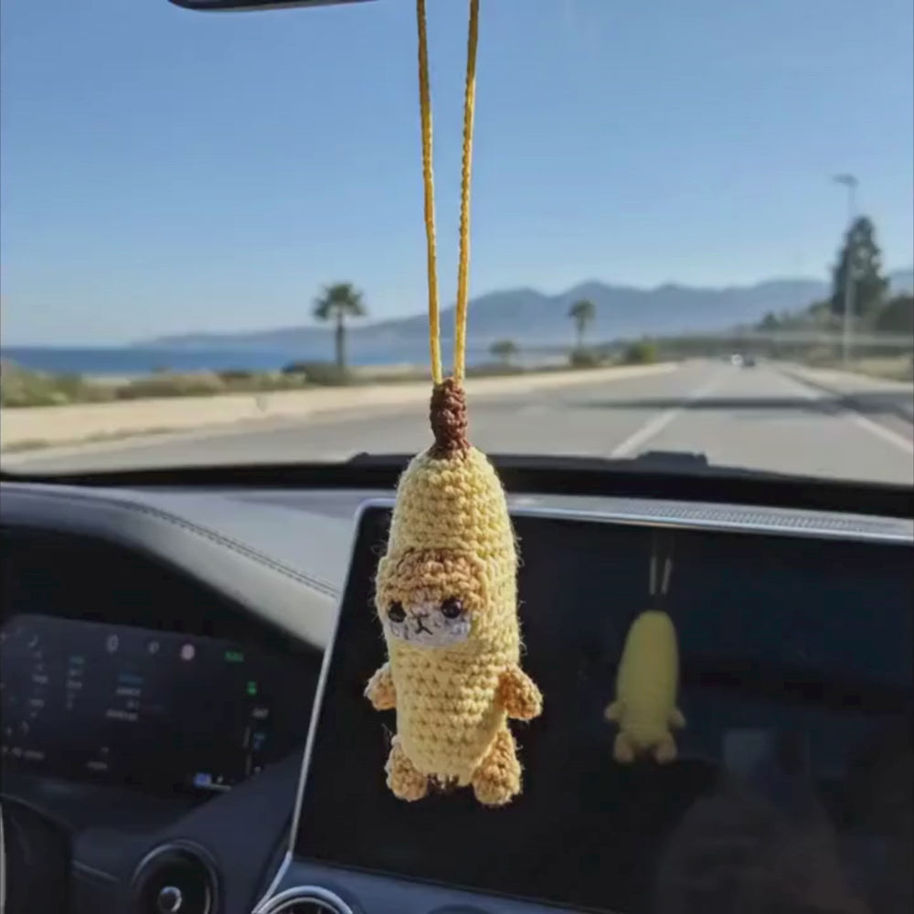 Handmade Crochet Crying Banana Cat Car Mirror Hanging CharmVideo