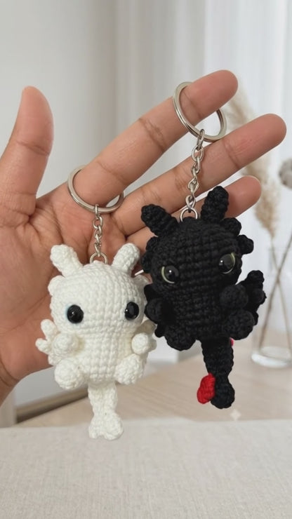 WoolyArtis™ | Handmade Crochet Dragon Couple Keychain | Black and White Dragon Amigurumi | Matching Keychains for Couples | Fantasy Animal Bag Charm