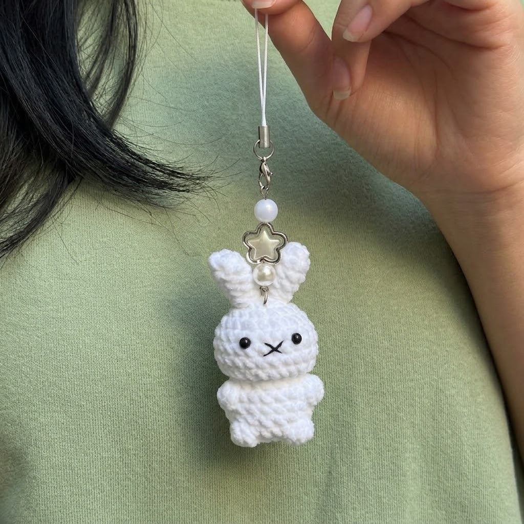Cute WoolyArtis crochet Hello Kitty keychain featuring a handmade amigurumi plush bag charm with adorable details.