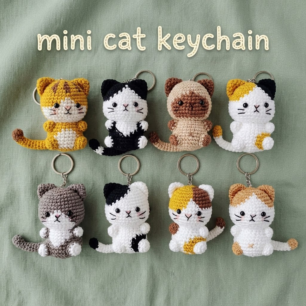 WoolyArtis WoolyArtis Tiny Crochet Cat Plushie keychain charm, handmade amigurumi kitten with detailed crochet stitches and a keyring attachment.