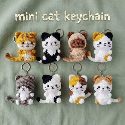 WoolyArtis WoolyArtis Tiny Crochet Cat Plushie keychain charm, handmade amigurumi kitten with detailed crochet stitches and a keyring attachment.