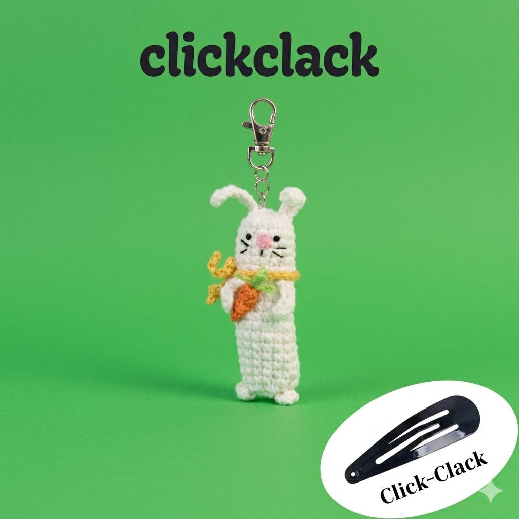 Handmade crochet sensory fidget keychain with bunny, carrot, and pickle designs, featuring satisfying click-clack sounds for stress relief.