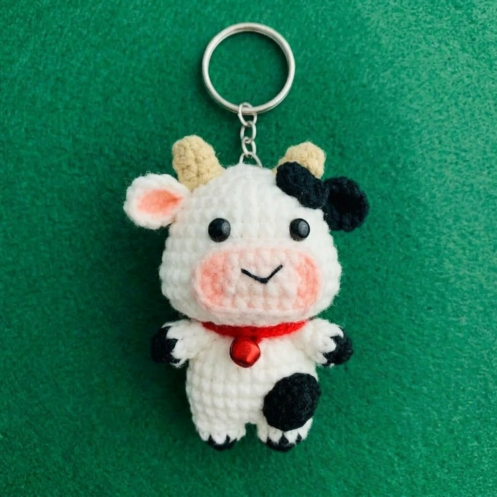 Crochet cow keychain by WoolyArtis featuring a cute amigurumi farm animal plush charm for backpacks or purses.