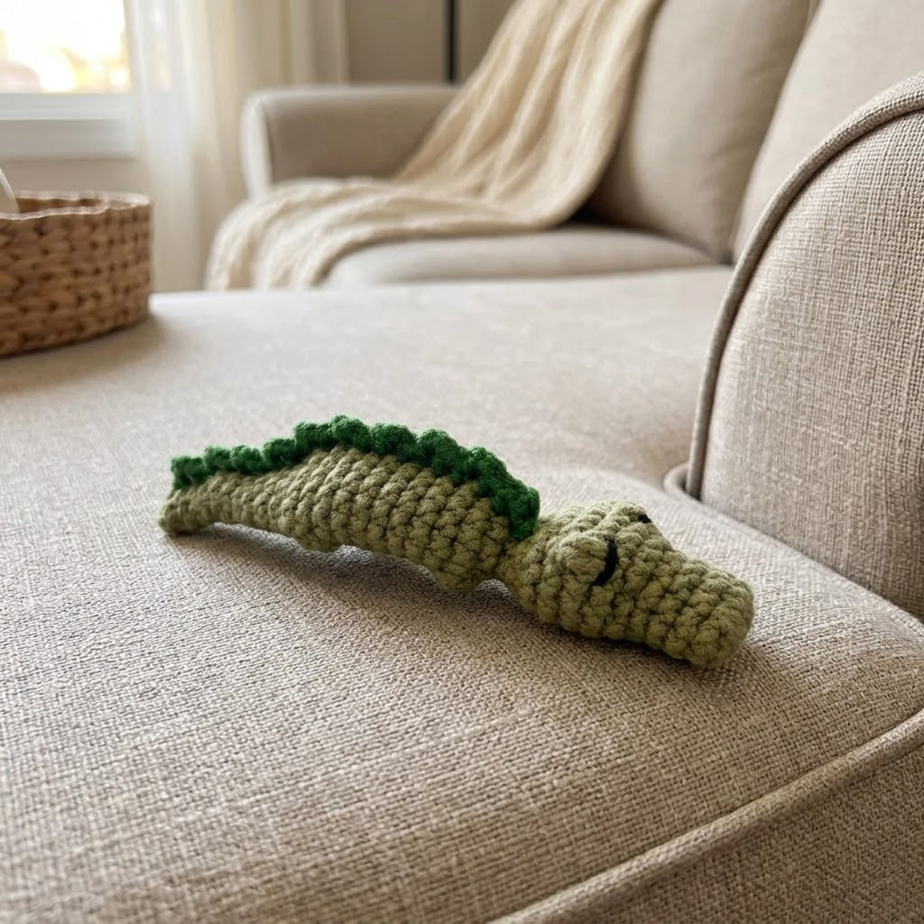 WoolyArtis Crochet Crocodile Fidget Toy keychain with textured body, designed for stress relief and sensory stimulation.