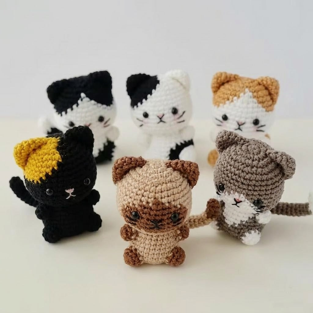 WoolyArtis Tiny Crochet Cat Plushie keychain charm featuring a handmade amigurumi kitten in soft yarn, attached to a metal keyring.