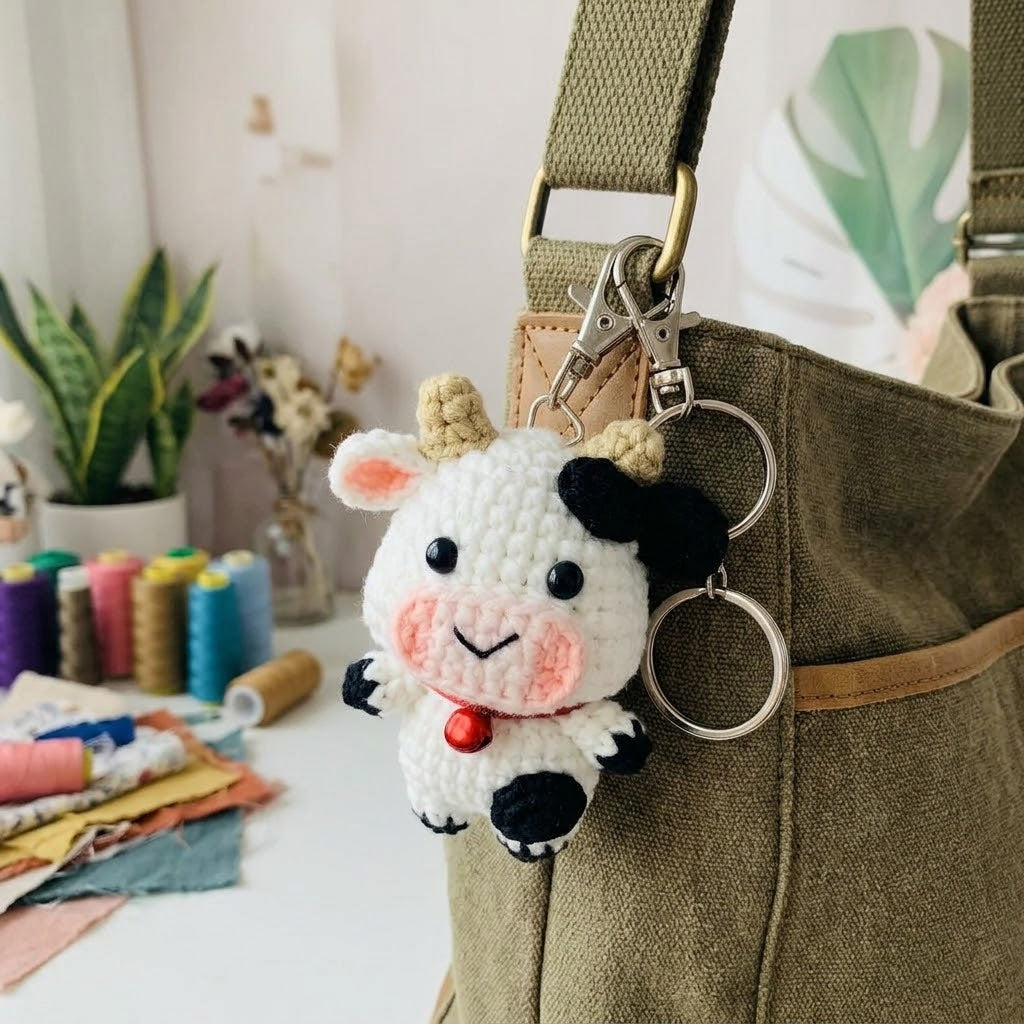 Cute crochet cow keychain by WoolyArtis, featuring amigurumi plush design, perfect as a kawaii bag charm or purse pendant.