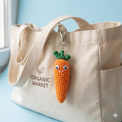 Handmade crochet sensory fidget keychain featuring a bunny, carrot, and pickle with satisfying click-clack sounds, ideal for stress relief.
