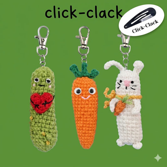 Handmade crochet sensory fidget keychain with bunny, carrot, and pickle designs, featuring satisfying click-clack sounds, by WoolyArtis