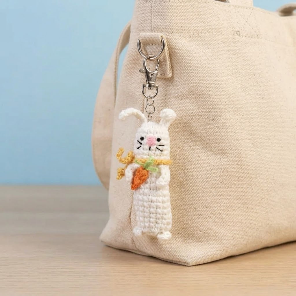 Handmade WoolyArtis crochet sensory fidget keychain with bunny, carrot, and pickle designs, featuring satisfying click-clack sounds.